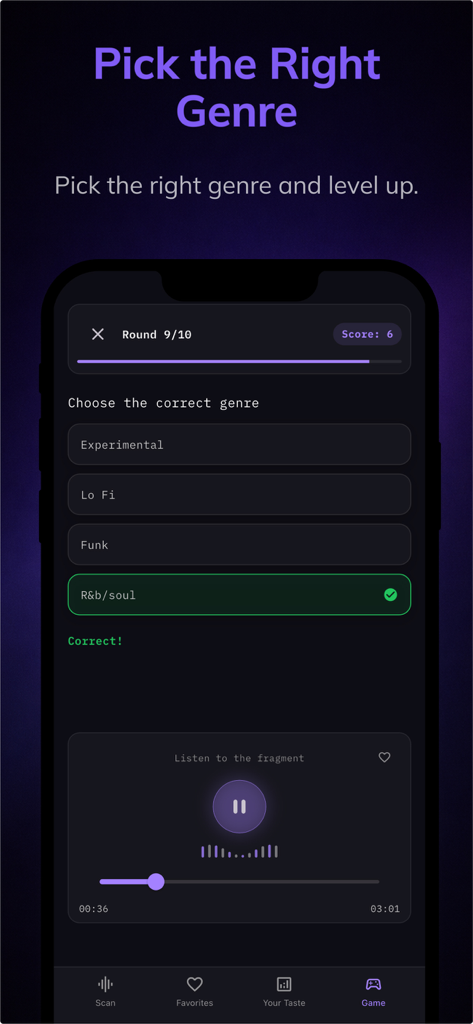 Genre AI: Music Genre ID - In-app screenshot of the Genre AI music genre guessing game showing a correct answer