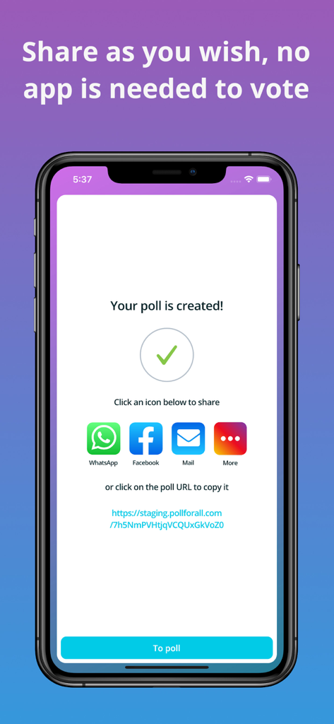 A mobile screen showing options to share a newly created poll via WhatsApp, Facebook, or email link.