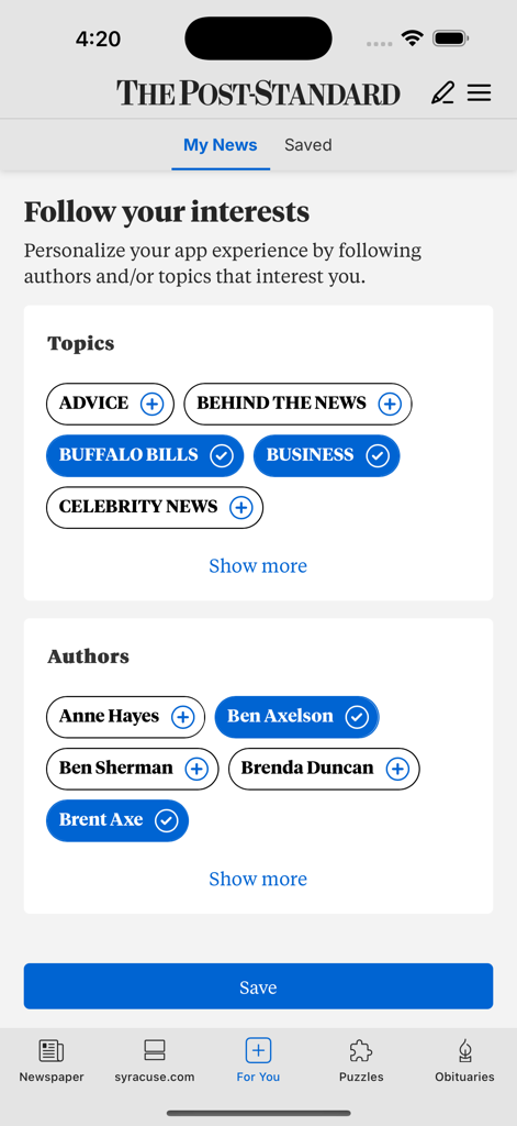 The Post-Standard - Personalization screen in The Post-Standard app where users can follow specific news topics and authors.