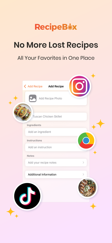 RecipeBox - Save Your Recipes! - RecipeBox app interface showing recipe saving from Instagram and TikTok
