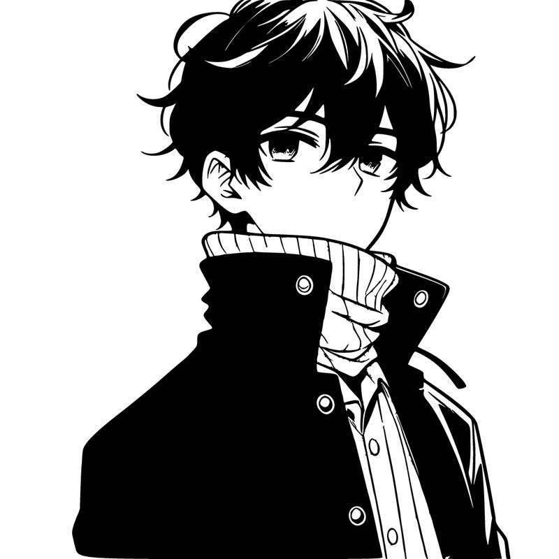 anime boy, black hair,button up jacket covering neck.
