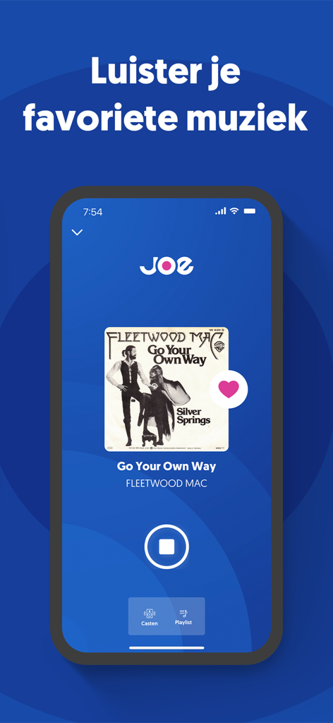 JOE radio app interface playing a classic hit song by Fleetwood Mac