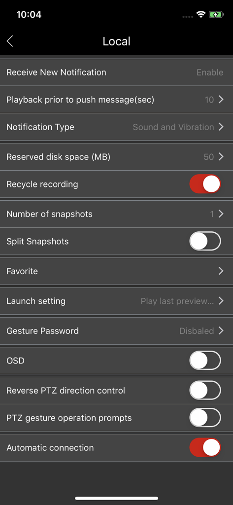 Local settings menu in Provision Cam 2 showing notification and recording configuration options