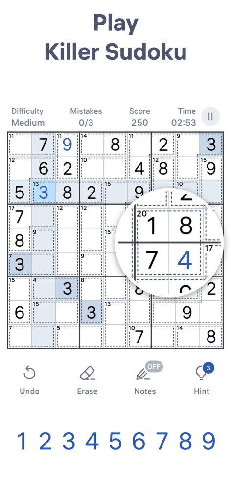 Schermata di gioco di Killer Sudoku che mostra una griglia di puzzle con gabbie e statistiche di gioco
