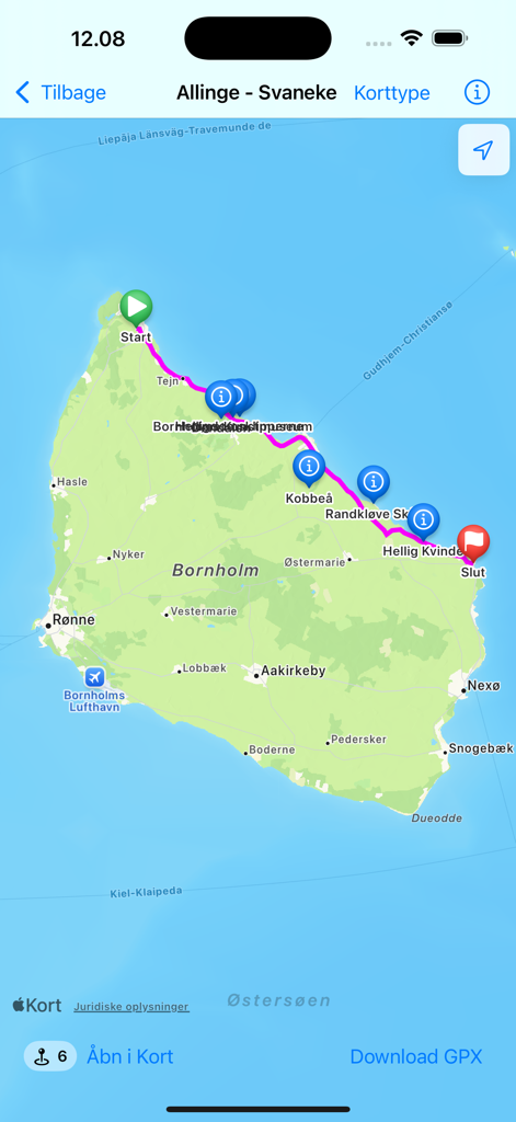 Bike Routes on Bornholm - Karte der Fahrradroute zwischen Allinge und Svaneke auf der Insel Bornholm