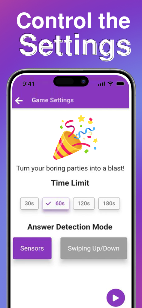 Charades game settings menu with time limit and sensor options