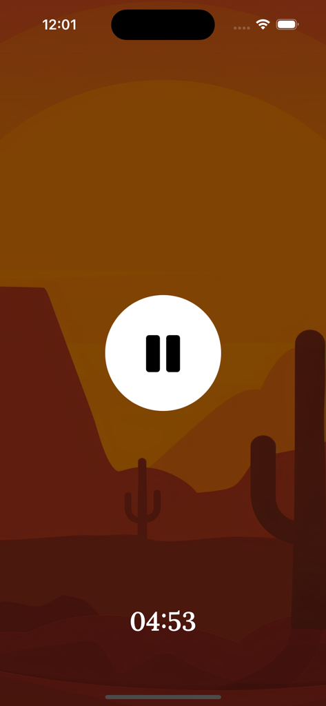 Interface of the White Noise Sleep Sounds Fan app showing a desert landscape and a countdown timer