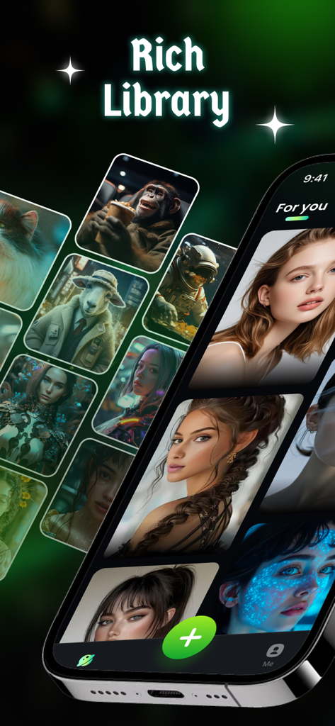 Vireel - AI Creative Studio - ユニークなAI生成画像とポートレートが豊富に表示されるモバイルアプリのインターフェース