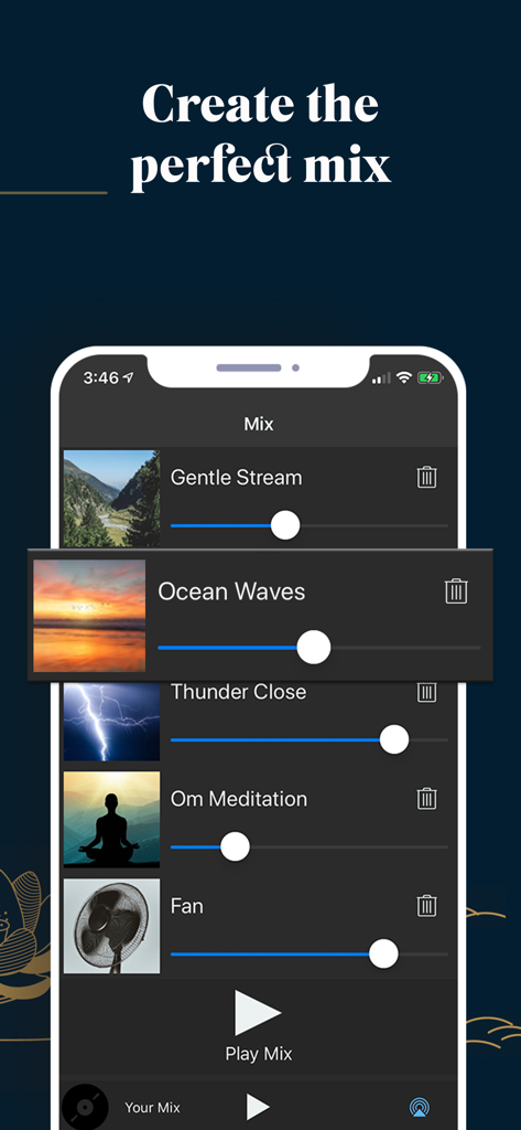 White Noise Deep Sleep Sounds - Ein Smartphone-Bildschirm, der die Mix-Funktion der App Weiße-Rauschen-Tiefschlaf-Klänge zeigt, bei der Benutzer Lautstärkeregler für verschiedene Geräusche wie Meereswellen, sanfter Bach und Ventilator anpassen können, um einen individuellen Schlafhintergrund zu erstellen.