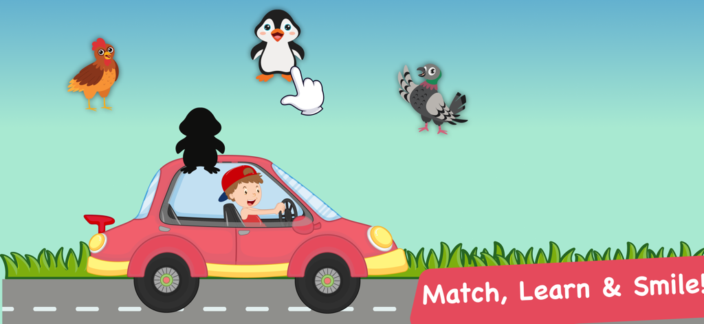 A cartoon matching game where a child drives a car to match animal shapes