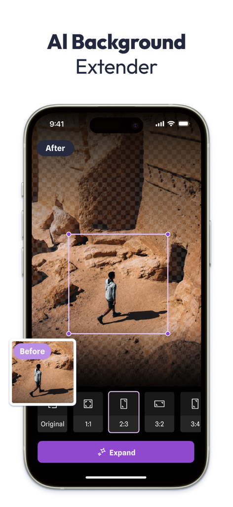 Smartphone interface showing the AI background extender feature for photo editing