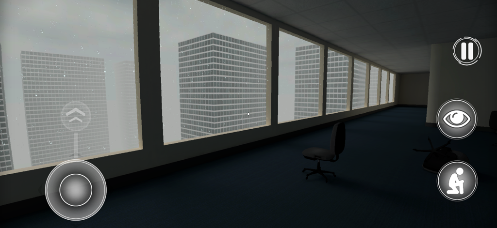 A dark empty office interior with windows showing a grey city in the Backrooms game