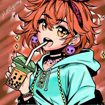 hot baddie anime girl drinking boba and biting the straw