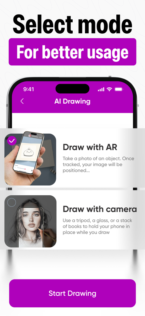 AR Drawing・Sketch Trace Draw - Écran de l'application mobile montrant les options de dessin, y compris les modes Dessiner avec RA et Dessiner avec la caméra.