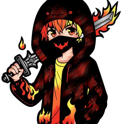 anime boy with hoodie with sword, a cool fancy flame design