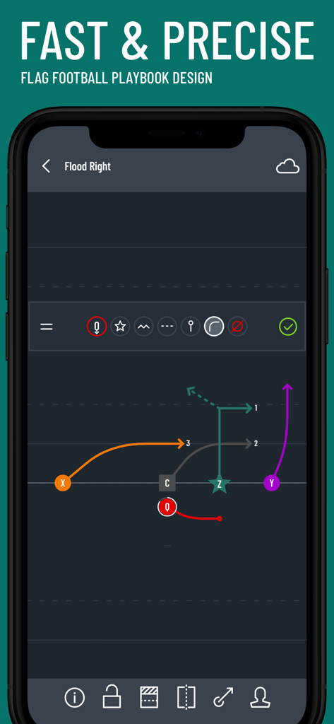 Una schermata mobile che mostra un diagramma dettagliato di un'azione di flag football con traiettorie colorate.