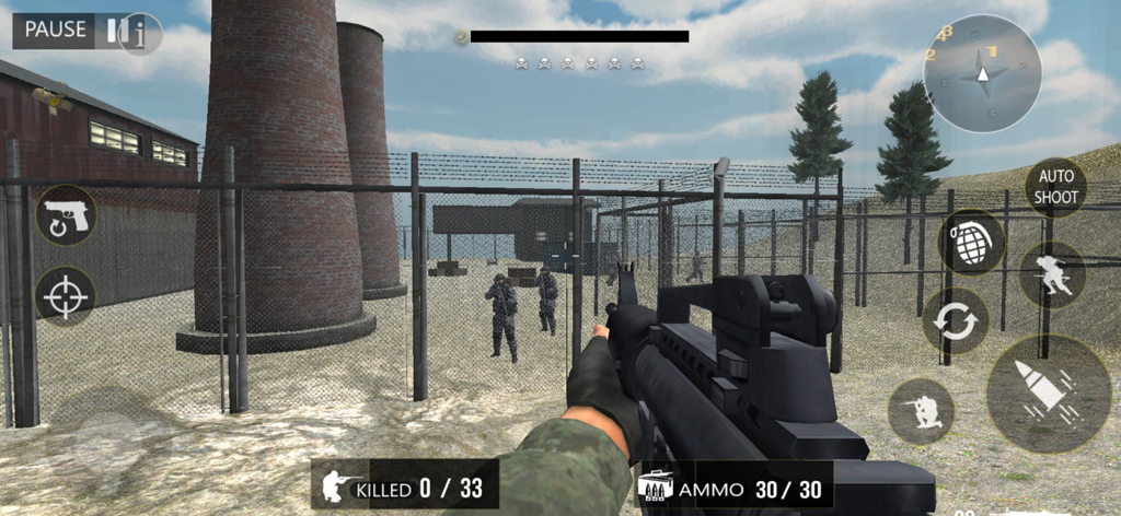 Call Of Shooter Sniper - FPS - First-person view of a commando holding an assault rifle during a tactical mission in a military base.