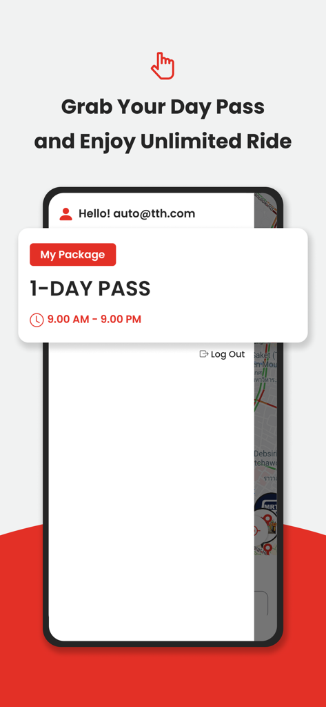 Tuk Tuk Hop - Tuk Tuk Hop app interface showing a 1-day pass for unlimited rides in Bangkok