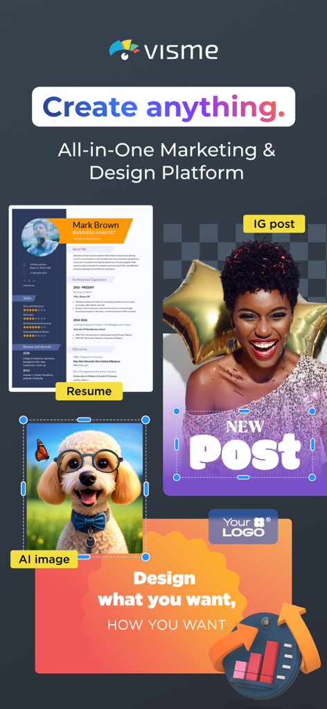 Visme - Presentation & Charts - Visme mobile app display showing design tools for resumes, Instagram posts, and AI-generated images
