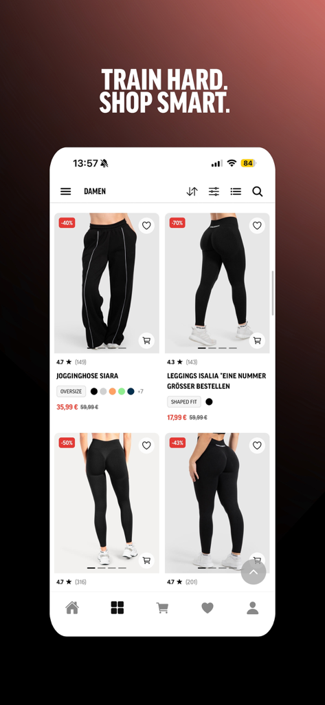 Smilodox - Pantalla de la app de compras fitness Smilodox mostrando leggings y ropa deportiva para mujer.