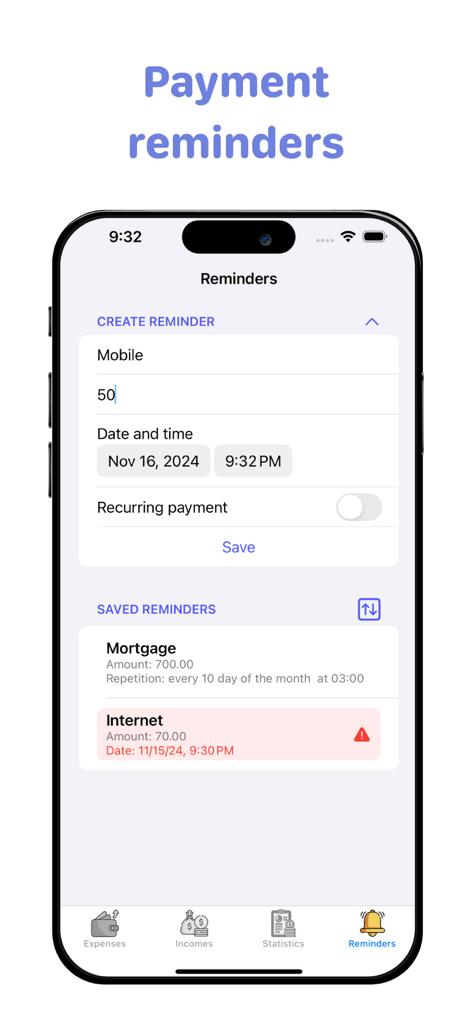 Expentro:budget tracker - Expentro app interface showing the payment reminders screen with sections for creating and viewing saved bill alerts.