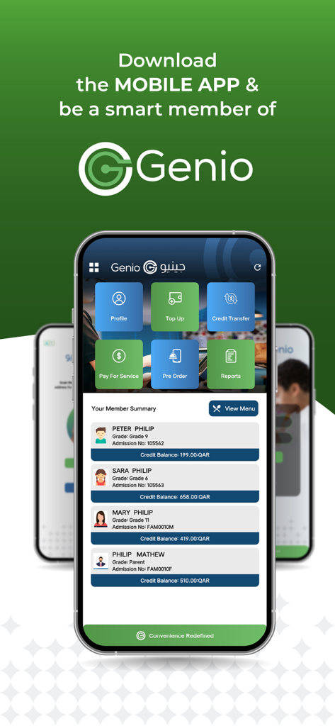 Genio - Genio app interface showing member summary and payment management features