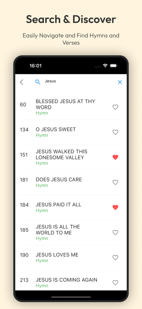 Hymns Of Praise: Jesus Church - A mobile screen showing the search functionality of the Hymns of Praise app with a list of songs like Jesus Paid It All