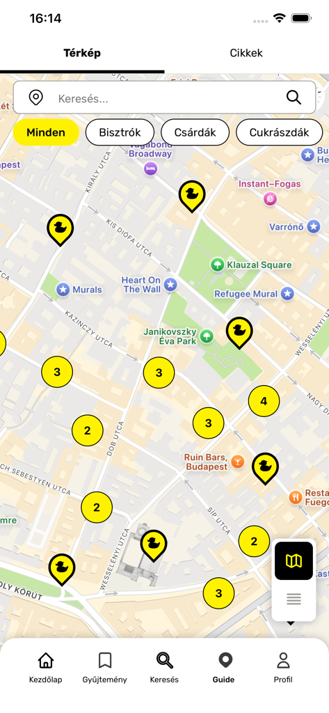 Street Kitchen app guide section showing a map with restaurant locations and cuisine filters