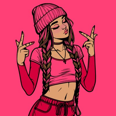 realistic teenage girl with braids and a beanie and crop top doing 🫶🏼