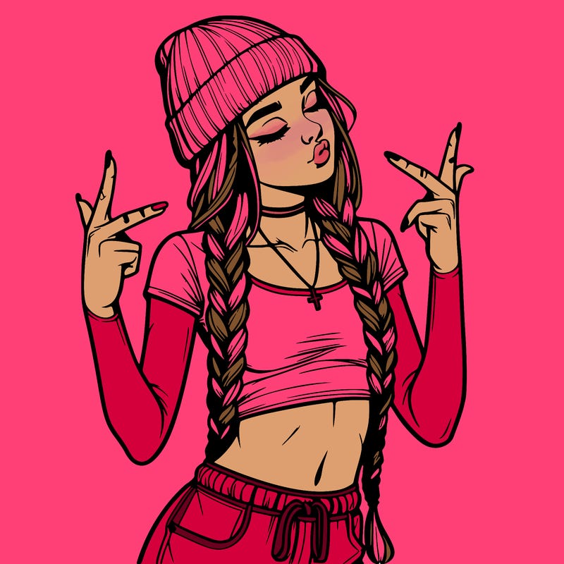 realistic teenage girl with braids and a beanie and crop top doing 🫶🏼