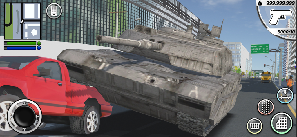 A large military tank driving over a red pickup truck in a city street