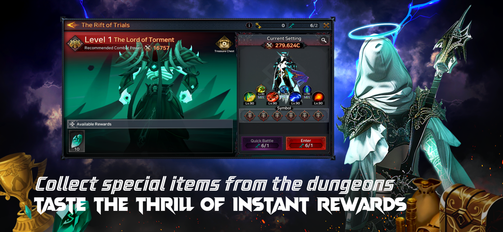 Immortal Rising 2 Spielbildschirm, der den Boss des Rift of Trials Dungeons und den Belohnungsbildschirm zeigt.