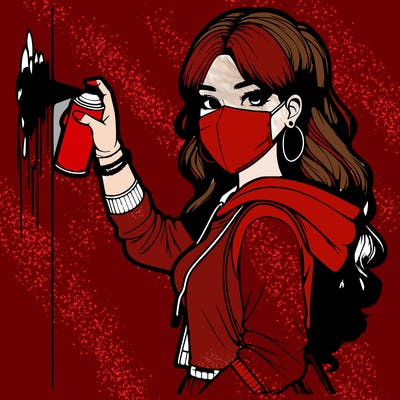 realistic girl with mask spray painting a wall