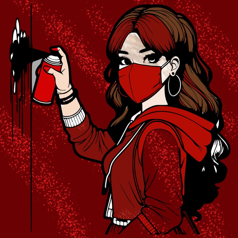 realistic girl with mask spray painting a wall