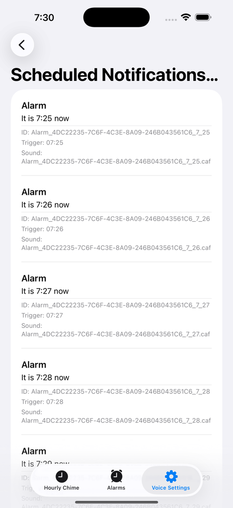 Human Voice Alarm Clock - A list of scheduled minute-by-minute alarm notifications in the app interface.
