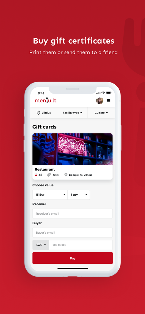 Meniu.lt - Meniu.lt mobile app screen for buying restaurant gift cards