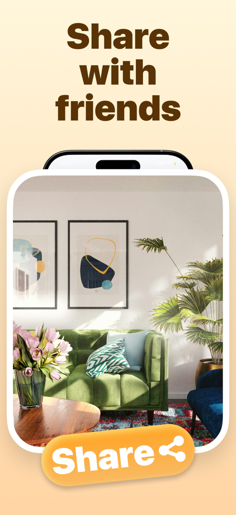 Interface de l'application montrant un salon redessiné par IA avec un bouton de partage et le texte partager avec des amis