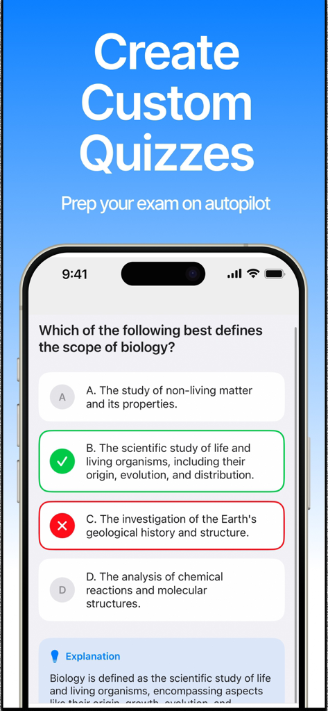 LectureScribe - AI Flashcards - LectureScribe app screen displaying a custom biology quiz for automated exam preparation