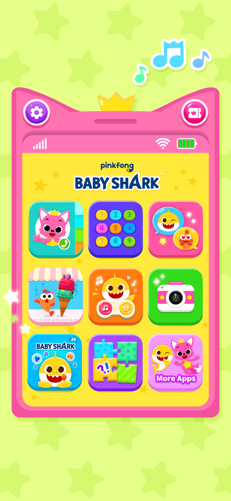Pinkfong Baby Shark Phone - Main menu screen of the Pinkfong Baby Shark Phone app featuring colorful icons for calling, texting, numbers, and mini-games.