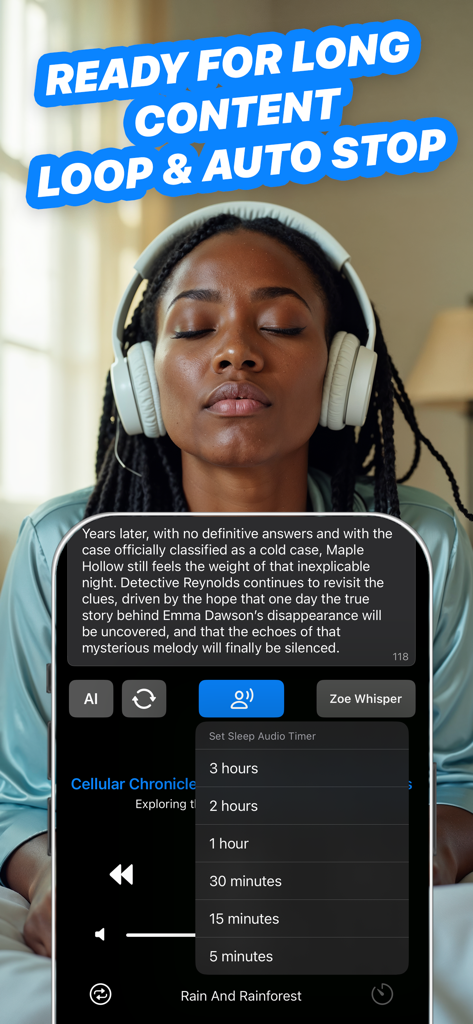 Una donna con le cuffie utilizza la funzione timer di spegnimento e arresto automatico dell'app FreeTTS per l'ascolto di contenuti lunghi