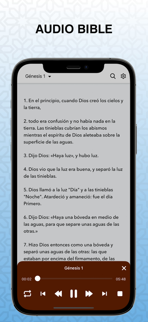 Biblia Reina Valera Audio - 성경 킹 제임스 흠정역 앱 내 스페인어로 창세기 1장을 보여주는 오디오 성경 플레이어 인터페이스