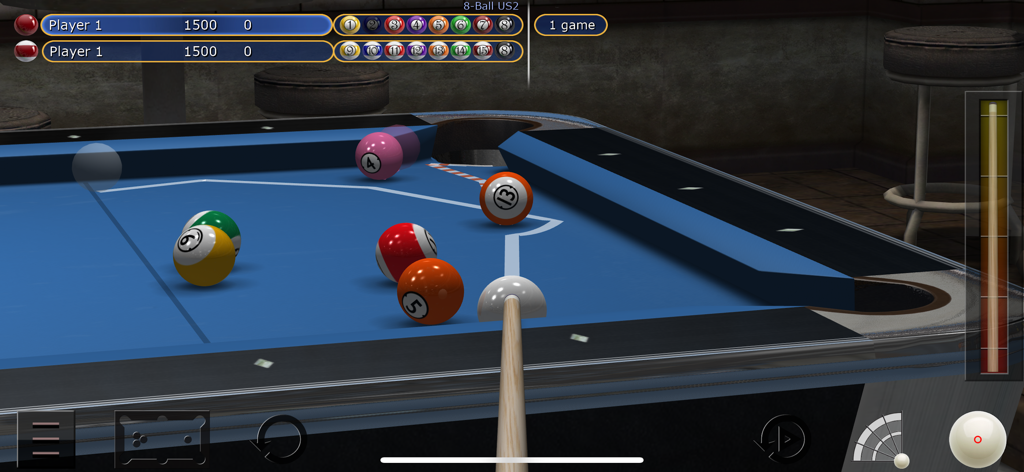 Virtual Pool - 파란색 당구 테이블에서 현실적인 물리 엔진과 조준 메커니즘을 보여주는 버추얼 풀 게임플레이