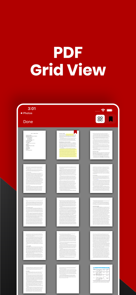 PDF Maker Pro:Splitter,Merger - A mobile interface showing a thumbnail grid view of PDF document pages in PDF Maker Pro.