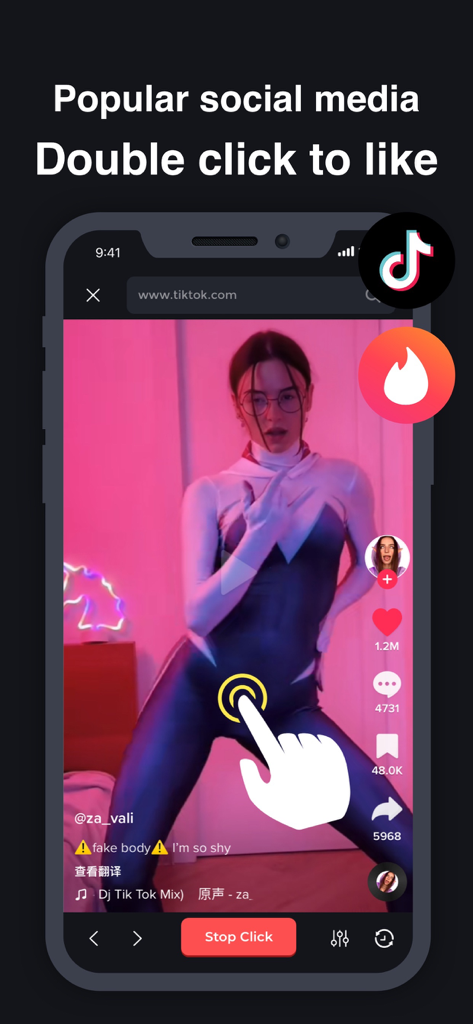 Auto Clicker - Auto Tapper App - Auto Clicker app interface demonstrating automated double tap to like on a TikTok video