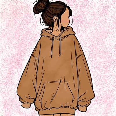 realistic girl with a oversized sweatshirt on and a bun