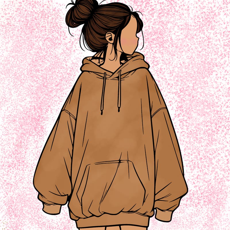 realistic girl with a oversized sweatshirt on and a bun
