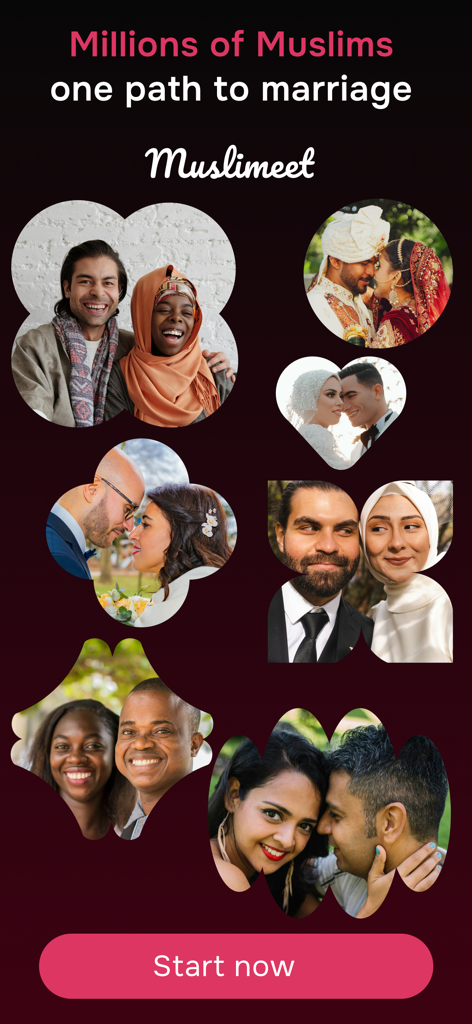 Muslimeet app splash screen featuring diverse happy Muslim couples with the slogan Millions of Muslims one path to marriage