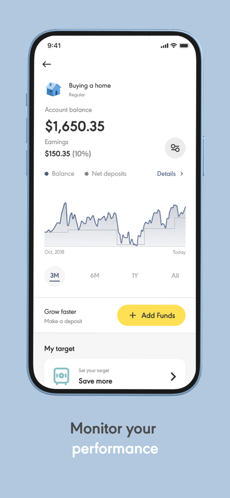 Écran de l'application mobile Wahed montrant le graphique de performance du portefeuille d'investissement et le solde du compte pour un objectif d'achat de maison.