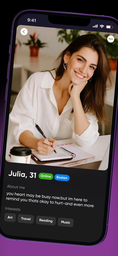 SunShine: Real & Warm - A user profile on the SunShine app showing a woman named Julia with her bio and interests