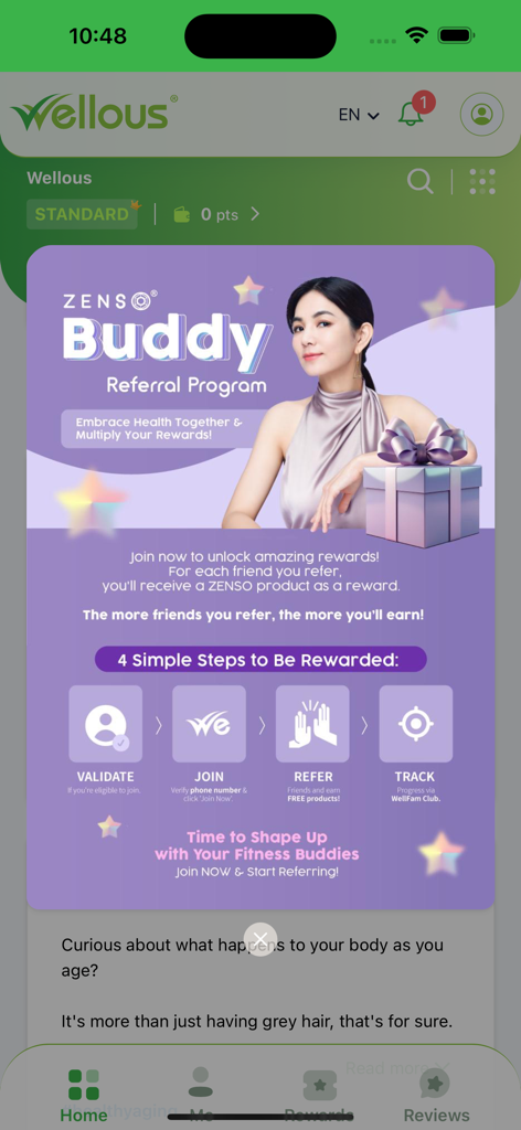 WellFam - WellFam app popup for the ZENSO Buddy Referral Program offering rewards for referring friends.